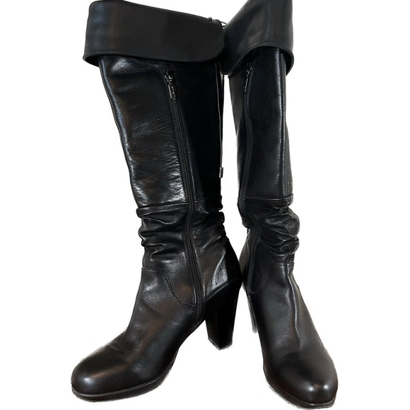 Blondi Knee High Tall Black Leather Heeled Boots Size 8.5 Zip up calf & Lace up - Picture 1 of 13